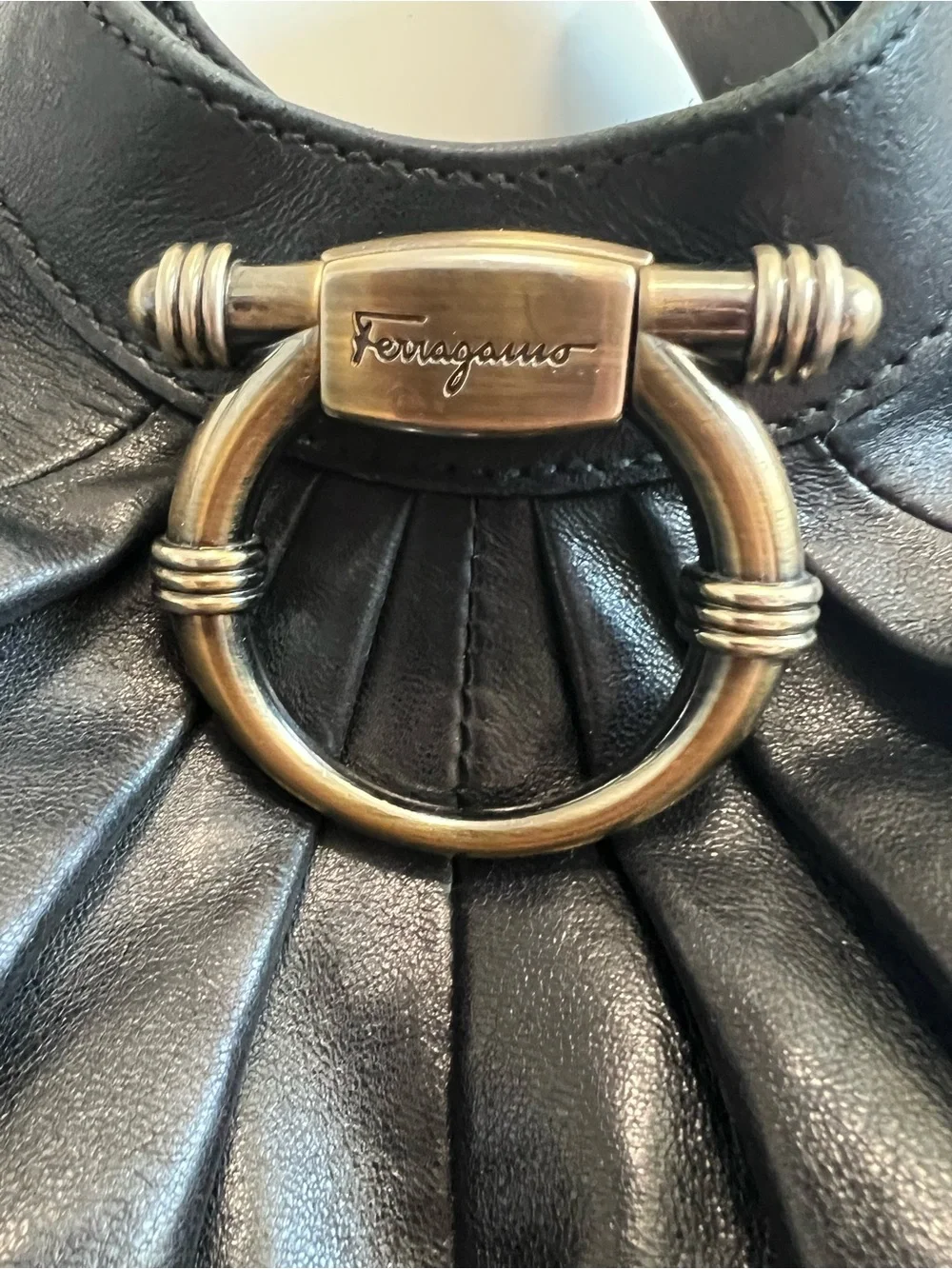 Authentic Ferragamo Black Butter Leather Hobo Shoulder Bag